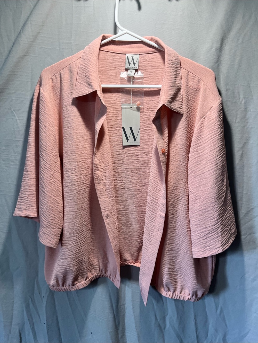 Worthington Pink Textured Short-Sleeve Button-Down Top